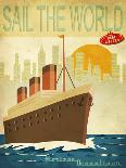 Sail the World - Vintage Poster with Ocean-Liner and Cityscape-LanaN-Framed Stretched Canvas