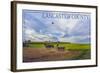 Lancaster County, Pennsylvania - Amish Farmer and Hot Air Balloons-Lantern Press-Framed Art Print