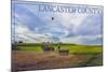 Lancaster County, Pennsylvania - Amish Farmer and Hot Air Balloons-Lantern Press-Mounted Art Print