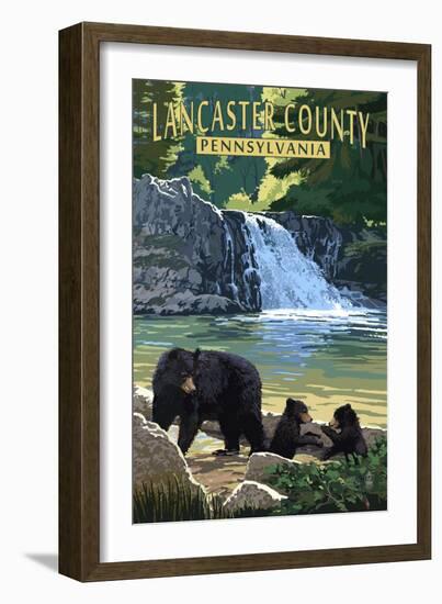 Lancaster County, Pennsylvania - Black Bears and Waterfall-Lantern Press-Framed Art Print