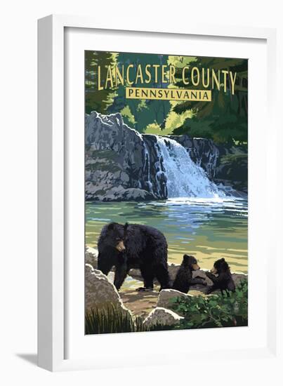 Lancaster County, Pennsylvania - Black Bears and Waterfall-Lantern Press-Framed Art Print