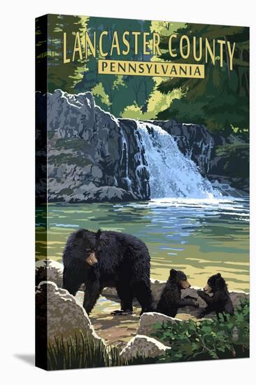 Lancaster County, Pennsylvania - Black Bears and Waterfall-Lantern Press-Stretched Canvas