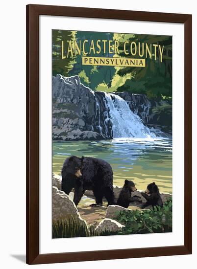 Lancaster County, Pennsylvania - Black Bears and Waterfall-Lantern Press-Framed Art Print