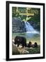 Lancaster County, Pennsylvania - Black Bears and Waterfall-Lantern Press-Framed Art Print