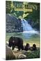 Lancaster County, Pennsylvania - Black Bears and Waterfall-Lantern Press-Mounted Art Print