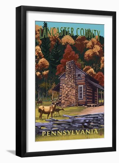 Lancaster County, Pennsylvania - Deer Family and Cabin Scene-Lantern Press-Framed Art Print