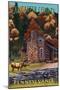 Lancaster County, Pennsylvania - Deer Family and Cabin Scene-Lantern Press-Mounted Art Print