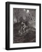 Lance-Corporal C C Parrott Carrying Messages on His Motor-Bicycle Along Roads Swept by Shellfire-H. Ripperger-Framed Giclee Print