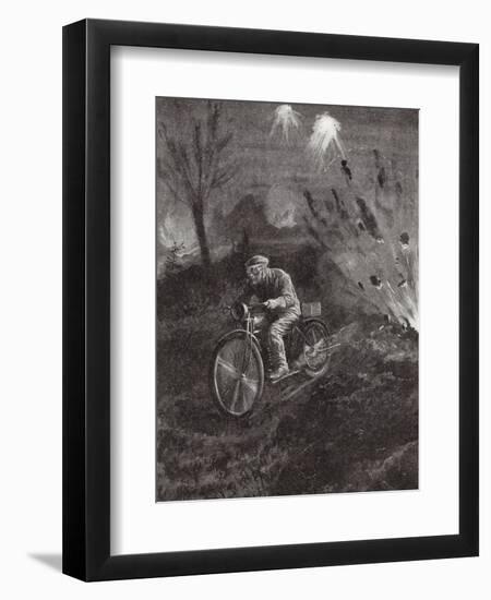 Lance-Corporal C C Parrott Carrying Messages on His Motor-Bicycle Along Roads Swept by Shellfire-H. Ripperger-Framed Giclee Print