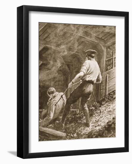 Lance-Corporal Clapson Dragging an Officer, Who Had Been Gassed, Out of a Mine (Litho)-Alfred Pearse-Framed Giclee Print