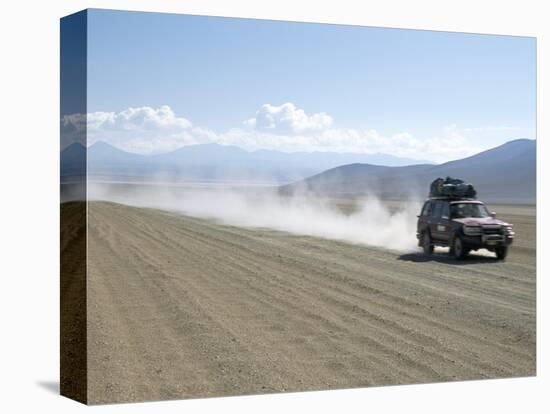 Land Cruiser on Altiplano Track and Tourists Going to Laguna Colorado, Southwest Highlands, Bolivia-Tony Waltham-Stretched Canvas