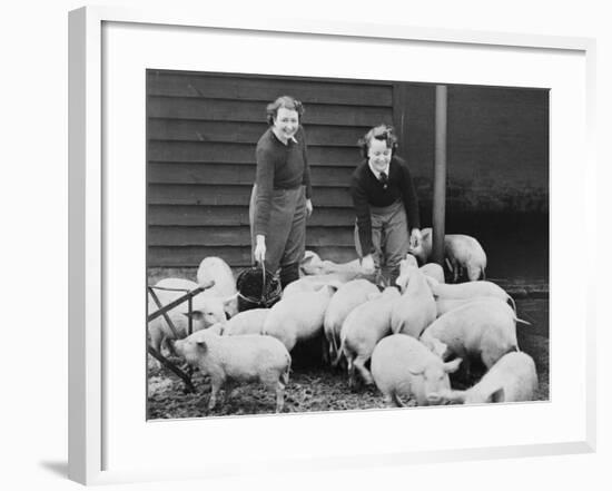 Land Girls Working Feeding Pigs on a Farm During World War II-Robert Hunt-Framed Photographic Print