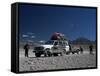 Landcruisers and Tourists on Jeep Tour Taking a Break on Uyuni Salt Flat, Bolivia, South America-Aaron McCoy-Framed Stretched Canvas