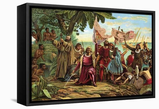 Landing of Columbus Expedition on the Island of Guanahane in 1492-null-Framed Stretched Canvas