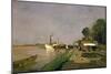 Landing Place for Steamships Near Kaisermuehlen on the Danube-Jakob Emil Schindler-Mounted Giclee Print