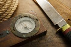 Old Knife, Compass, and Rope on a Old Wooden Desk, Exploration, Survival, and Hunting Concept Image-landio-Photographic Print