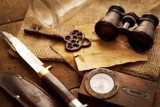 Old Knife, Compass, and Rope on a Old Wooden Desk, Exploration, Survival, and Hunting Concept Image-landio-Photographic Print