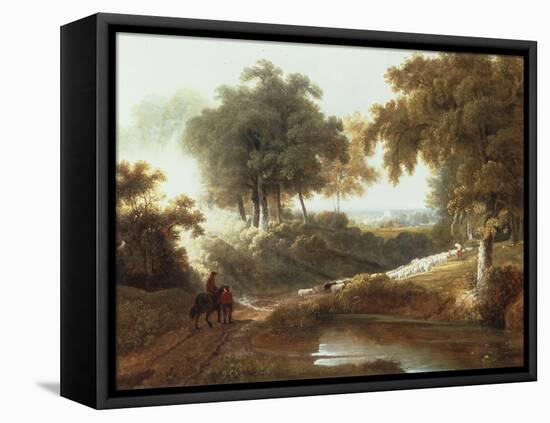 Landscape at Sunset with Drovers and Sheep on a Path-George Arnald-Framed Stretched Canvas