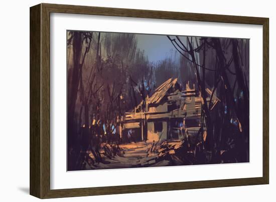 Landscape Digital Painting of Ruined House in the Forest-Tithi Luadthong-Framed Art Print