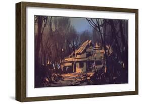 Landscape Digital Painting of Ruined House in the Forest-Tithi Luadthong-Framed Art Print