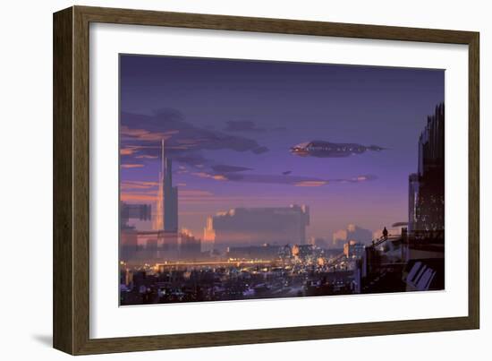 Landscape Digital Painting of Sci-Fi City,Illustration Art-Tithi Luadthong-Framed Art Print