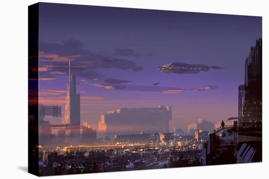 Landscape Digital Painting of Sci-Fi City,Illustration Art-Tithi Luadthong-Stretched Canvas