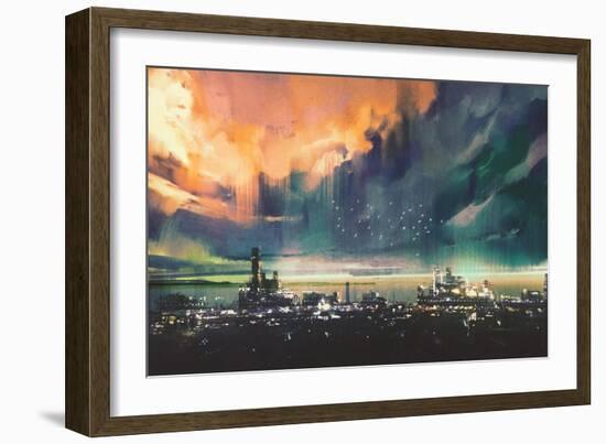 Landscape Digital Painting of Sci-Fi City,Illustration-Tithi Luadthong-Framed Art Print