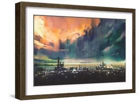 Landscape Digital Painting of Sci-Fi City,Illustration-Tithi Luadthong-Framed Art Print