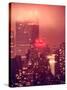 Landscape Foggy Red Night in Manhattan with the New Yorker Hotel View-Philippe Hugonnard-Stretched Canvas