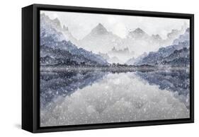 Landscape Illustration of Mountain and Lake View in Snow Storm, with Silhouetted Fir Trees., and Bi-Mick Blakey-Framed Stretched Canvas