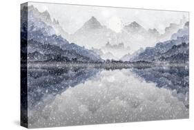 Landscape Illustration of Mountain and Lake View in Snow Storm, with Silhouetted Fir Trees., and Bi-Mick Blakey-Stretched Canvas