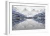 Landscape Illustration of Mountain and Lake View in Snow Storm, with Silhouetted Fir Trees., and Bi-Mick Blakey-Framed Premium Giclee Print