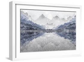 Landscape Illustration of Mountain and Lake View in Snow Storm, with Silhouetted Fir Trees., and Bi-Mick Blakey-Framed Art Print