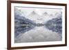 Landscape Illustration of Mountain and Lake View in Snow Storm, with Silhouetted Fir Trees., and Bi-Mick Blakey-Framed Art Print