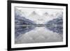 Landscape Illustration of Mountain and Lake View in Snow Storm, with Silhouetted Fir Trees., and Bi-Mick Blakey-Framed Art Print