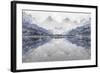 Landscape Illustration of Mountain and Lake View in Snow Storm, with Silhouetted Fir Trees., and Bi-Mick Blakey-Framed Art Print