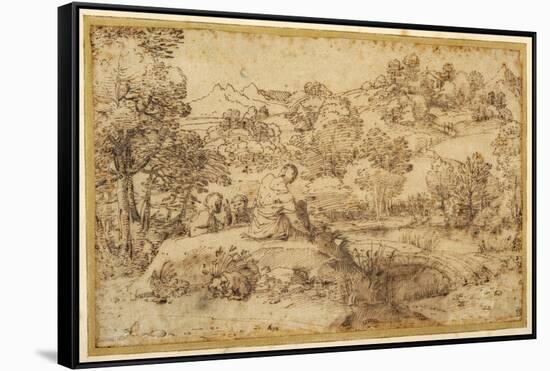 Landscape, in the Foreground Three Men Resting and a Dog Asleep, by a Stream-Annibale Carracci-Framed Stretched Canvas