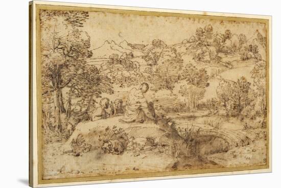 Landscape, in the Foreground Three Men Resting and a Dog Asleep, by a Stream-Annibale Carracci-Stretched Canvas