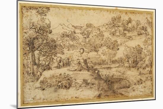 Landscape, in the Foreground Three Men Resting and a Dog Asleep, by a Stream-Annibale Carracci-Mounted Giclee Print