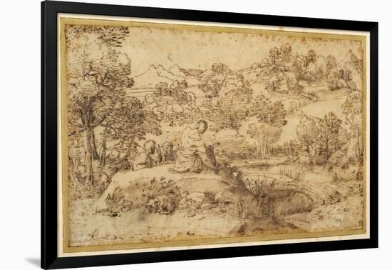 Landscape, in the Foreground Three Men Resting and a Dog Asleep, by a Stream-Annibale Carracci-Framed Giclee Print