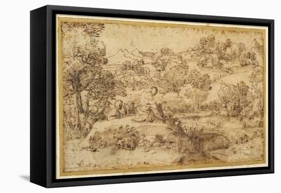 Landscape, in the Foreground Three Men Resting and a Dog Asleep, by a Stream-Annibale Carracci-Framed Stretched Canvas