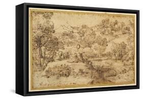 Landscape, in the Foreground Three Men Resting and a Dog Asleep, by a Stream-Annibale Carracci-Framed Stretched Canvas