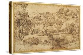 Landscape, in the Foreground Three Men Resting and a Dog Asleep, by a Stream-Annibale Carracci-Stretched Canvas