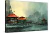 Landscape of Beautiful Harbor,Fishing Village,Illustration-Tithi Luadthong-Stretched Canvas