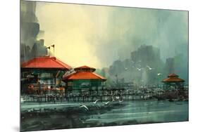 Landscape of Beautiful Harbor,Fishing Village,Illustration-Tithi Luadthong-Mounted Art Print