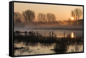 Landscape of Lake in Mist with Sun Glow at Sunrise-Veneratio-Framed Stretched Canvas