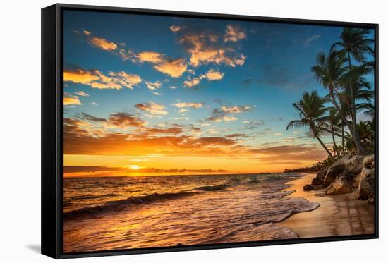 Landscape of Paradise Tropical Island Beach, Sunrise Shot-Valentin Valkov-Framed Stretched Canvas