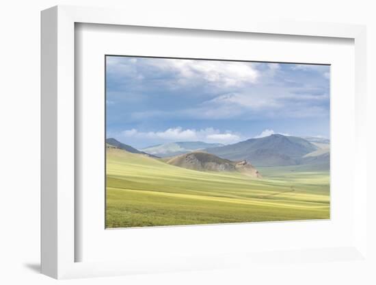 Landscape of the green Mongolian steppe under a gloomy sky, Ovorkhangai province, Mongolia, Central-Francesco Vaninetti-Framed Photographic Print