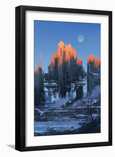 Landscape Painting of Abandoned Building at Sunset-Tithi Luadthong-Framed Art Print