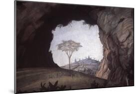 Landscape, Rock Arch Frames a Tree and City-Andrea Mantegna-Mounted Art Print